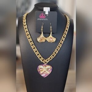 Paparazzi Gold Necklace with Pink Heart Pendant and Earrings